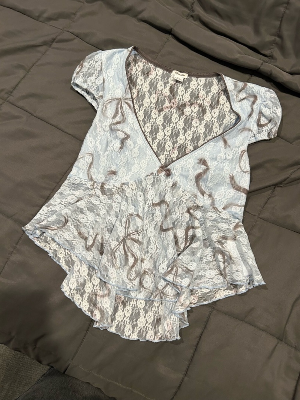 Kimchi Blue Light Blue Lace V-Neck Peplum Top with Taupe Accents